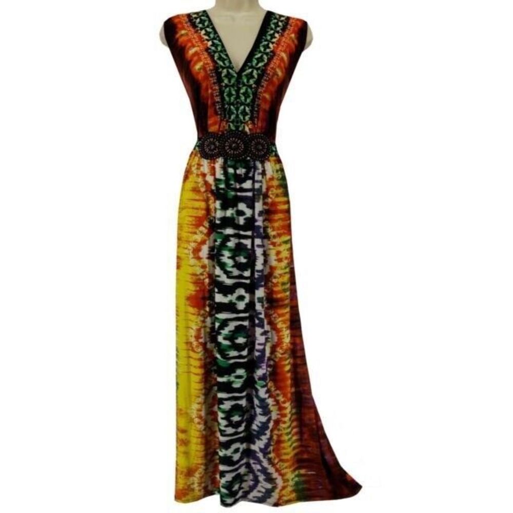 Roz & Ali Sleeveless Embellished Beaded Maxi Dress Plus Size 10 Multicolor